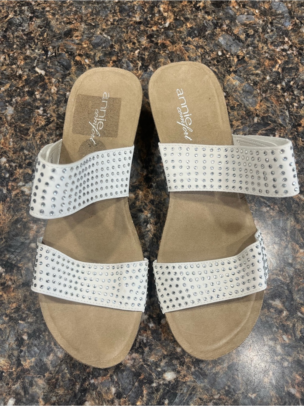 Annie White Rhinestone Double-Strap Slide Sandals